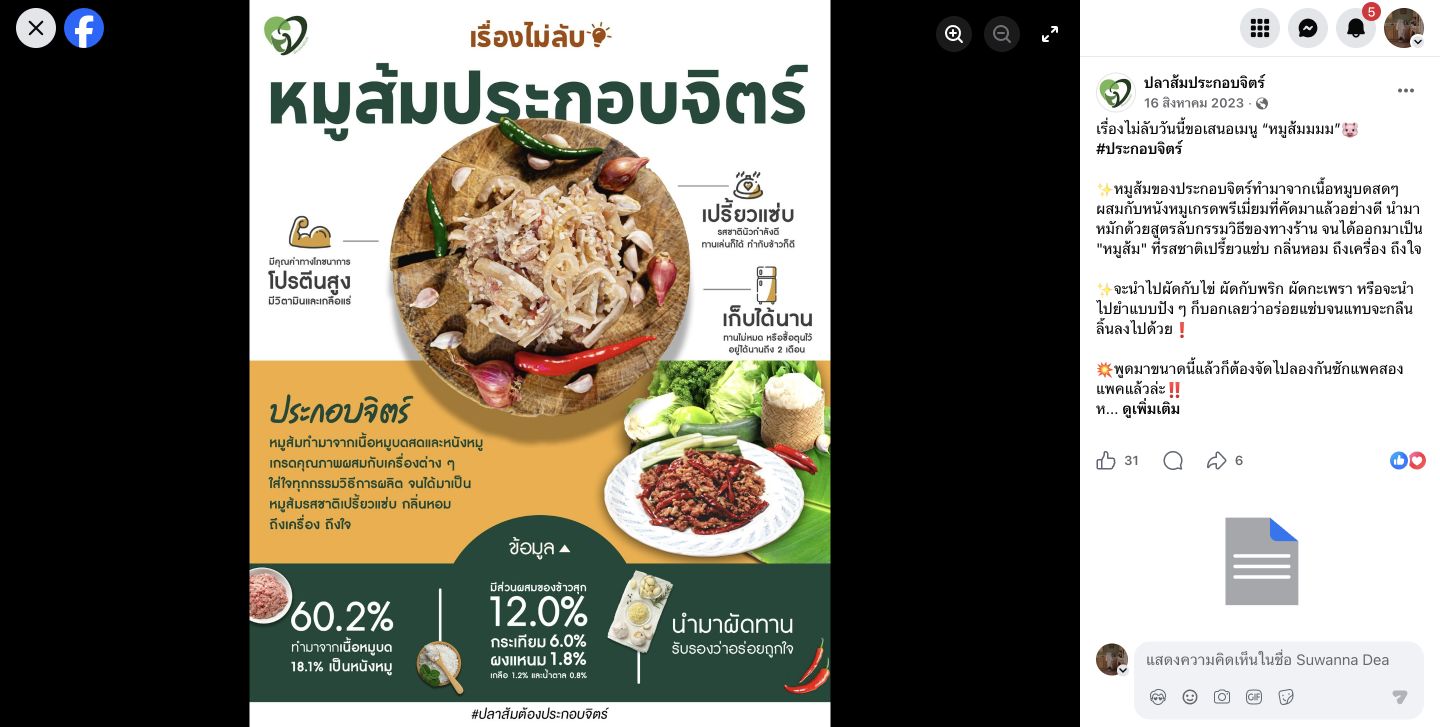 Prakobjit Facebook image viewer showing a white, yellow, and green fermented-pork information card, page name, and publication date.