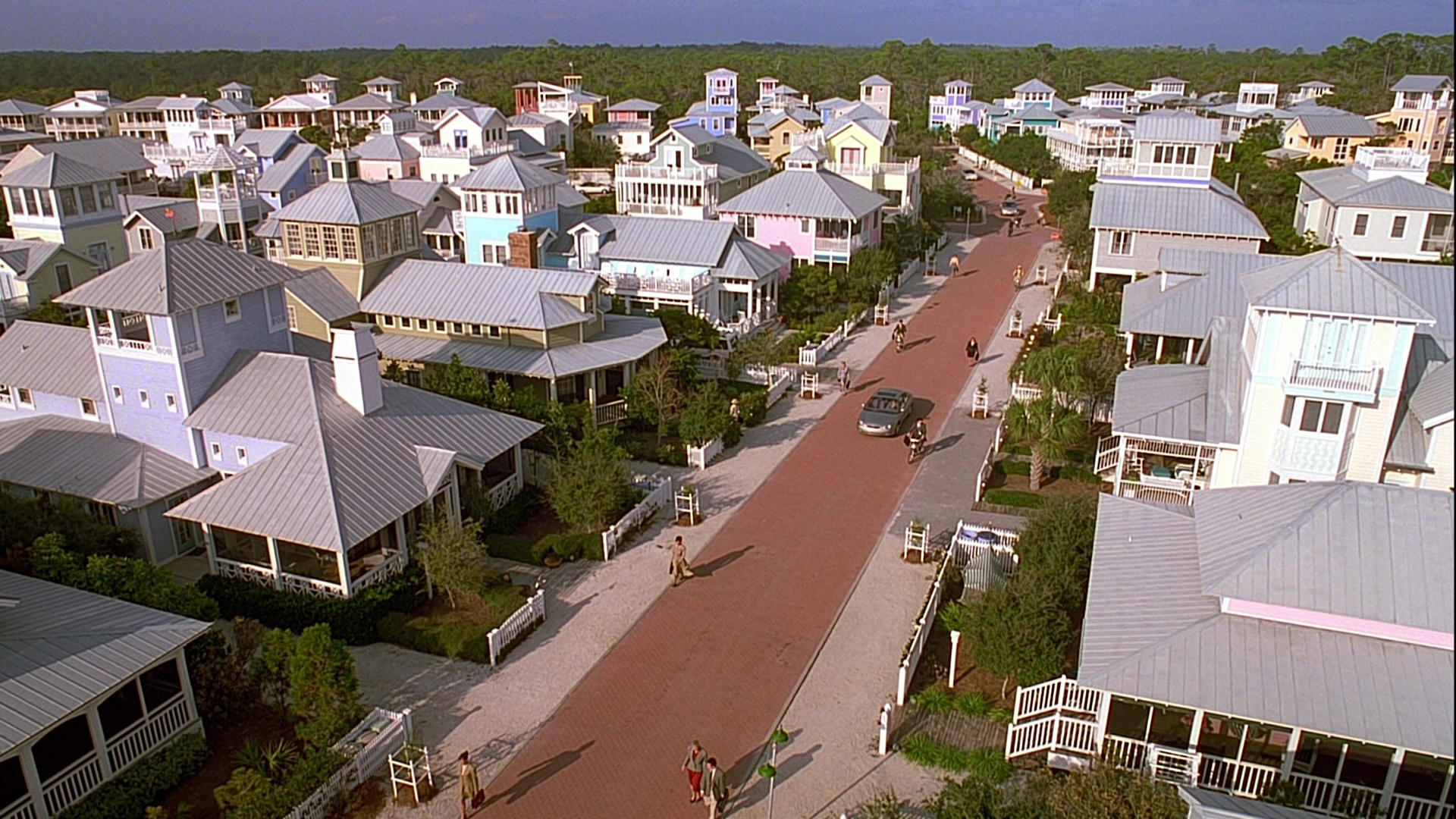 An aerial view of Seahaven's orderly pastel neighbourhood