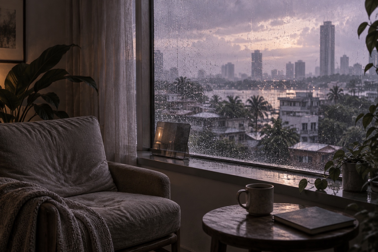 Rain and city reflections suggesting presence and memory in a near-future city.